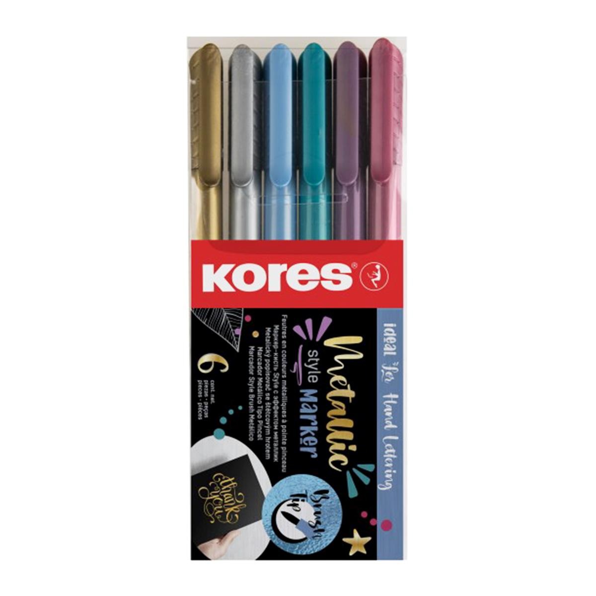 Set 6 markere permanente Kores, varf tip pensula, culori metalice