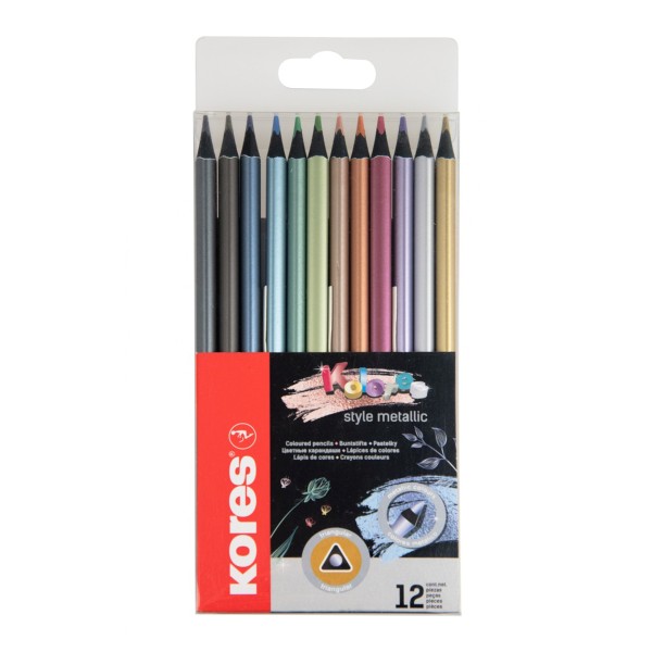 Creioane colorate metalizate Kores, triunghiulare, 12 bucati/set