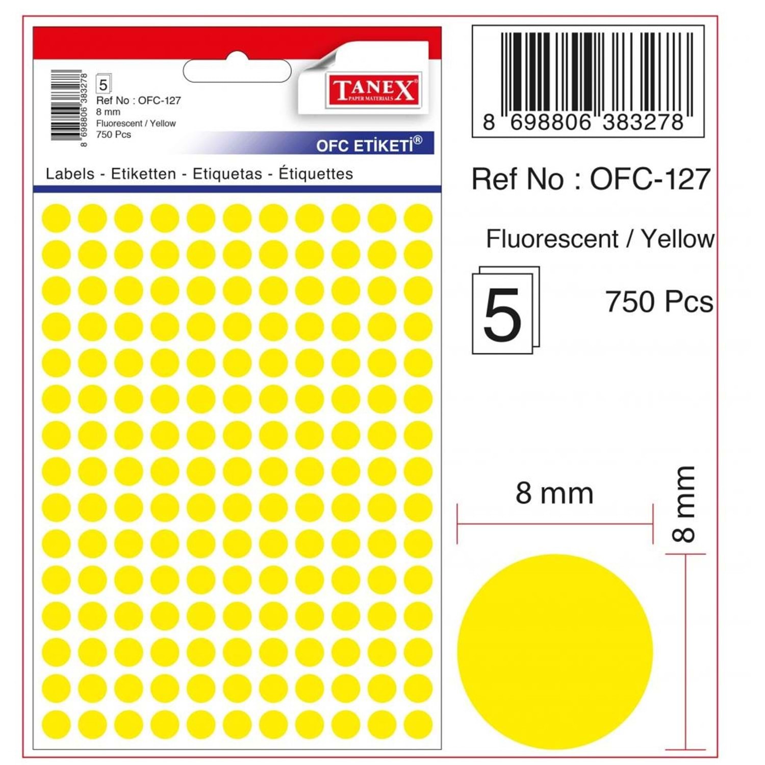 Etichete autoadezive color, D 8 mm , 750 buc/set - galben