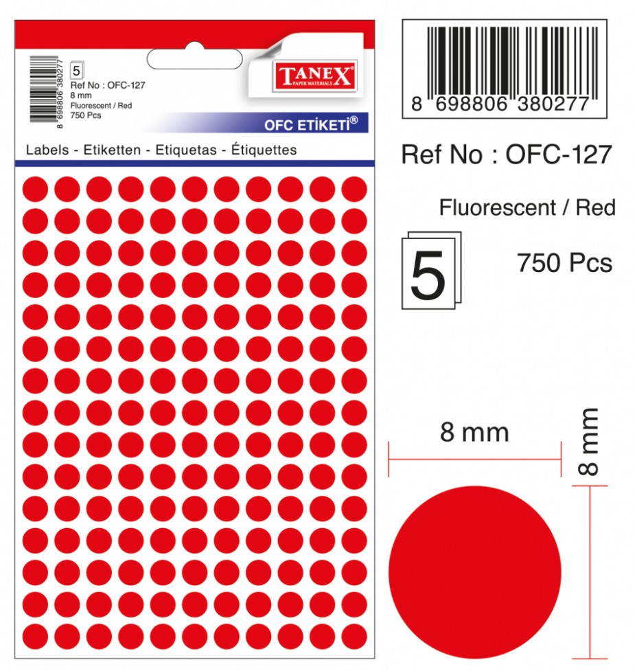 Etichete autoadezive color, D 8 mm, 750 buc/set - rosu