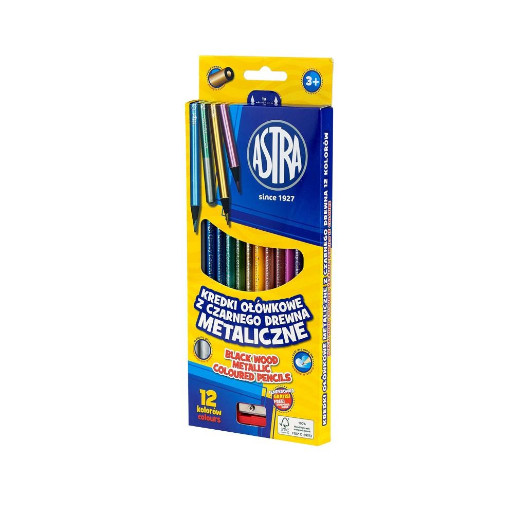 Creioane colorate Astra, rotunde, 12 culori metalice + ascutitoare