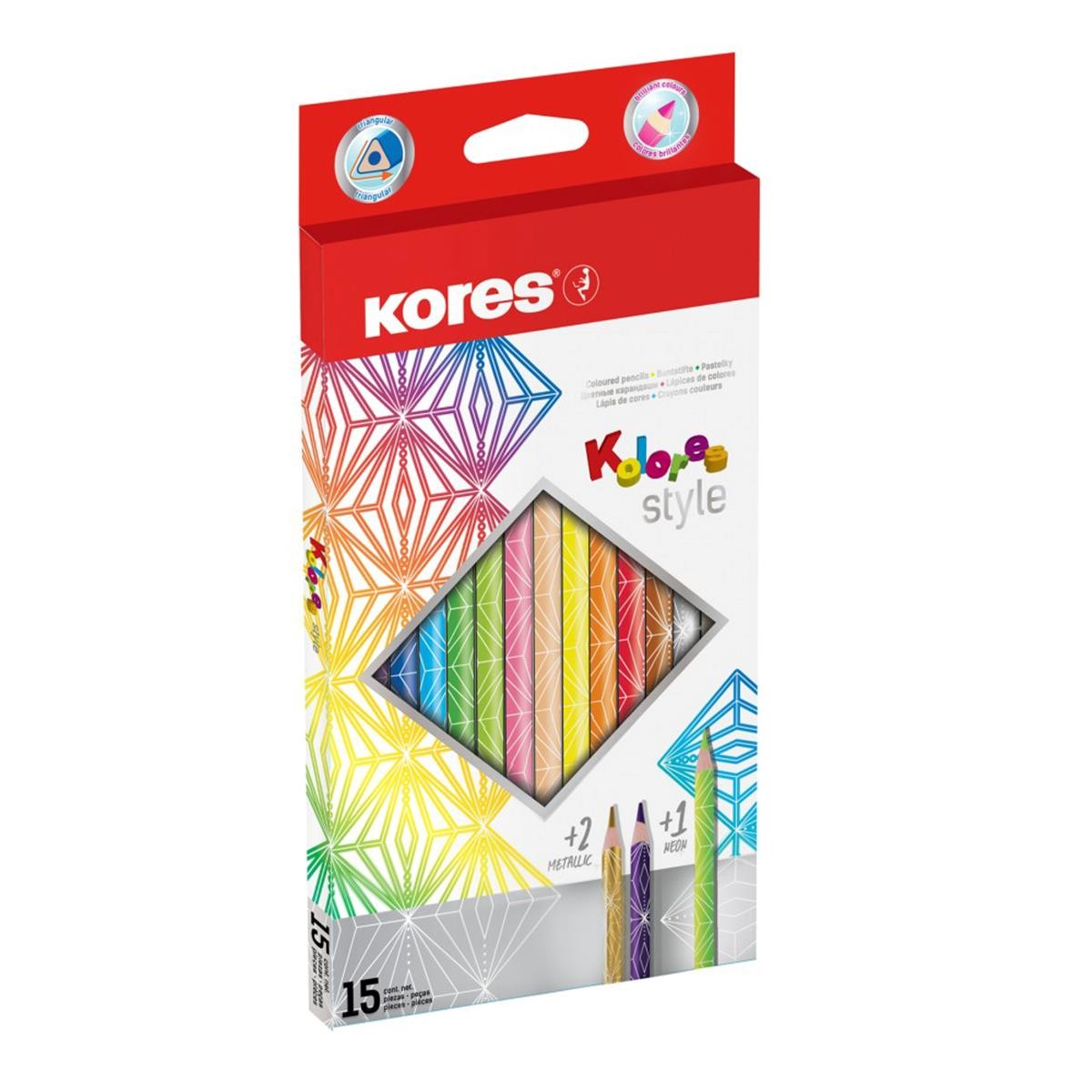 Creioane colorate triunghiulare Kores, 15 culori/set