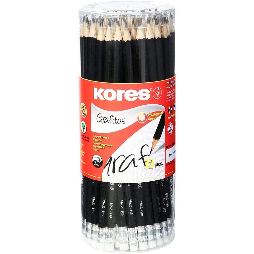 Creion grafit Kores, hexagonal, cu radiera, 72 bucati/set