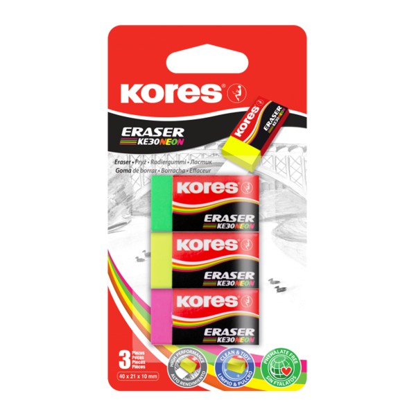 Radiera Kores KE-30, 40 x 21 x 10 mm, diverse culori, 3 bucati/blister