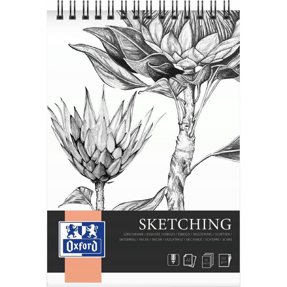 Bloc de desen cu spirala, OXFORD Sketching, A3, 50 file - 120g/mp, coperta carton - design flori