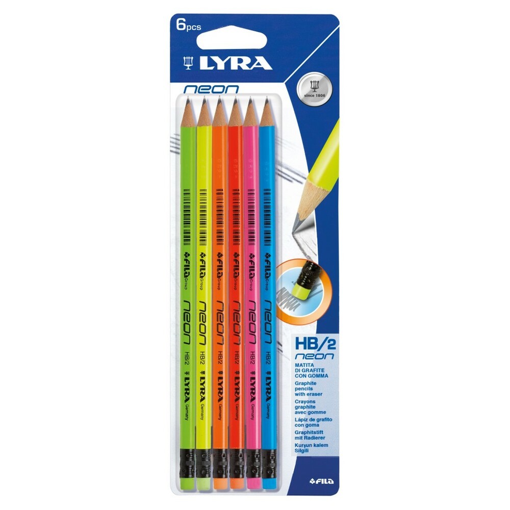 Creion grafit HB cu radiera 6 buc/set, culori neon, LYRA